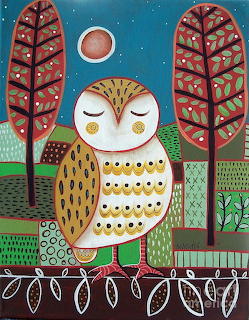 Folk art illustration of a white owl with yellow spotted chest on a branch with stylized trees
