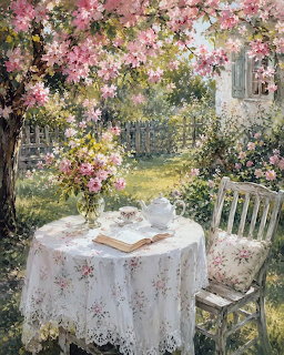 Impressionist painting of tea table under pink flowering arbor in sunny garden with white chair and gate