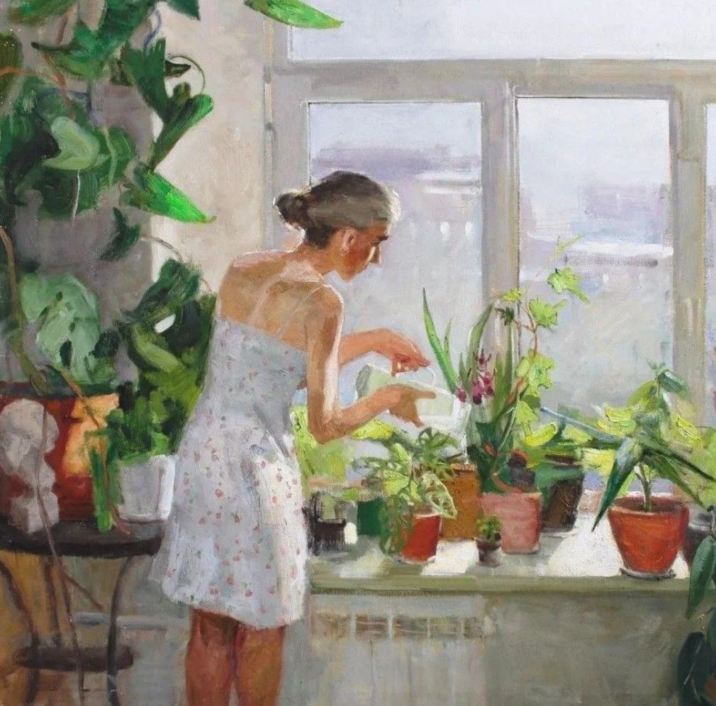 Painting of a woman in a white dress watering potted plants on a windowsill