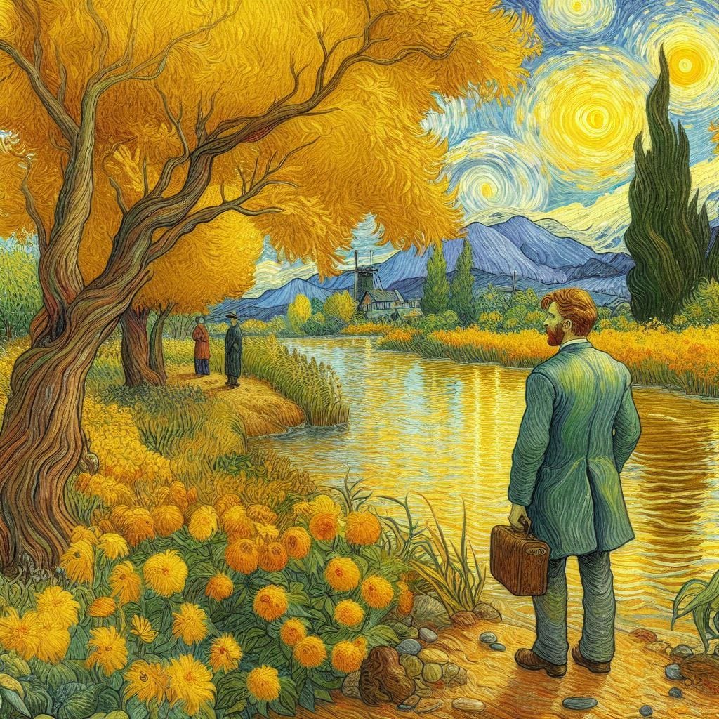 Man in coat viewing golden autumn scene with swirling sky in Van Gogh impressionist style