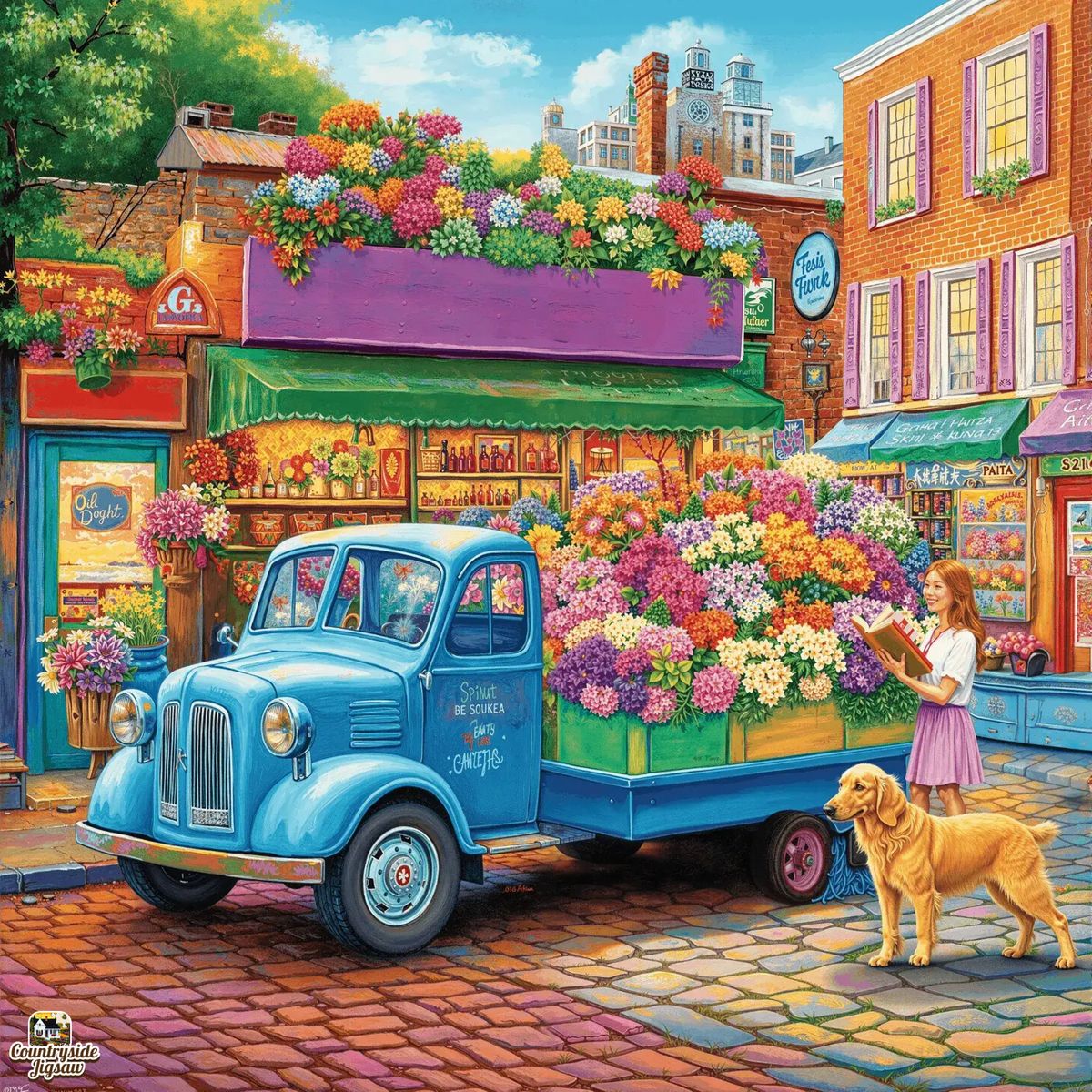 Vintage blue flower truck with colorful blooms on a sunny street with shops and a golden retriever