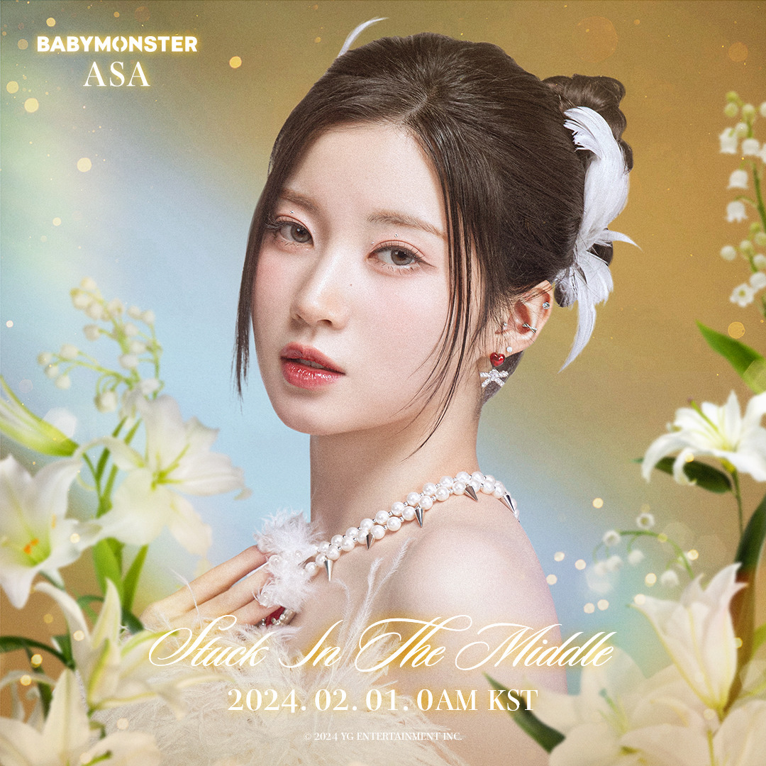 Portrait of BABYMONSTER ASA surrounded by white flowers and soft golden light