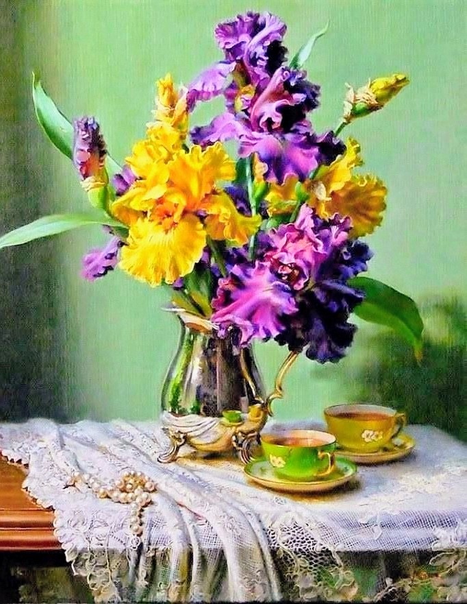 Painting of purple and yellow gladiolus in a vase on a lace tablecloth with teacups and pearls