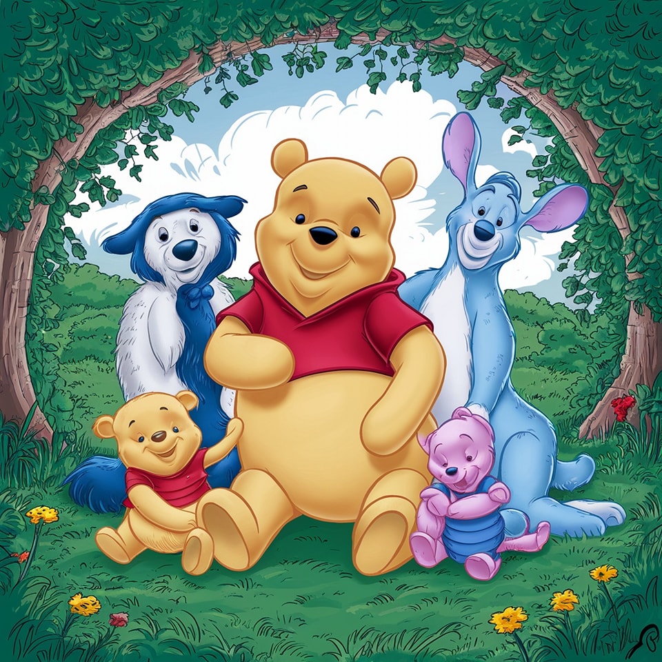 Winnie the Pooh and friends sitting together in a forest scene with green grass and flowers