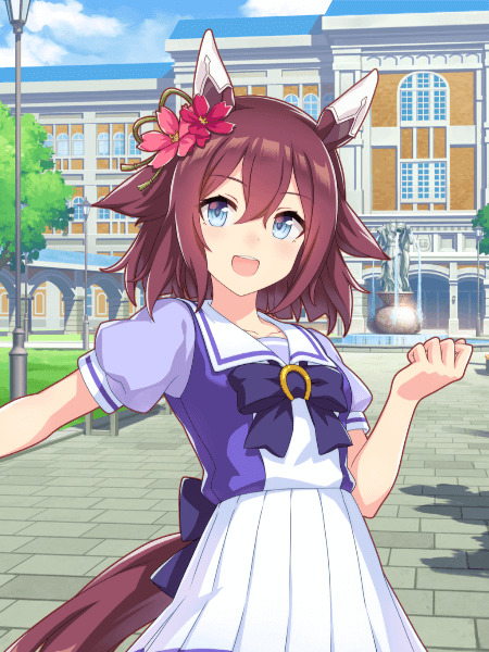 Anime card illustration of Sakura Chiyono O, a smiling Umamusume character with horse ears
