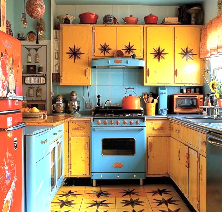 Colorful retro kitchen with blue stove, yellow cabinets, and starburst patterns