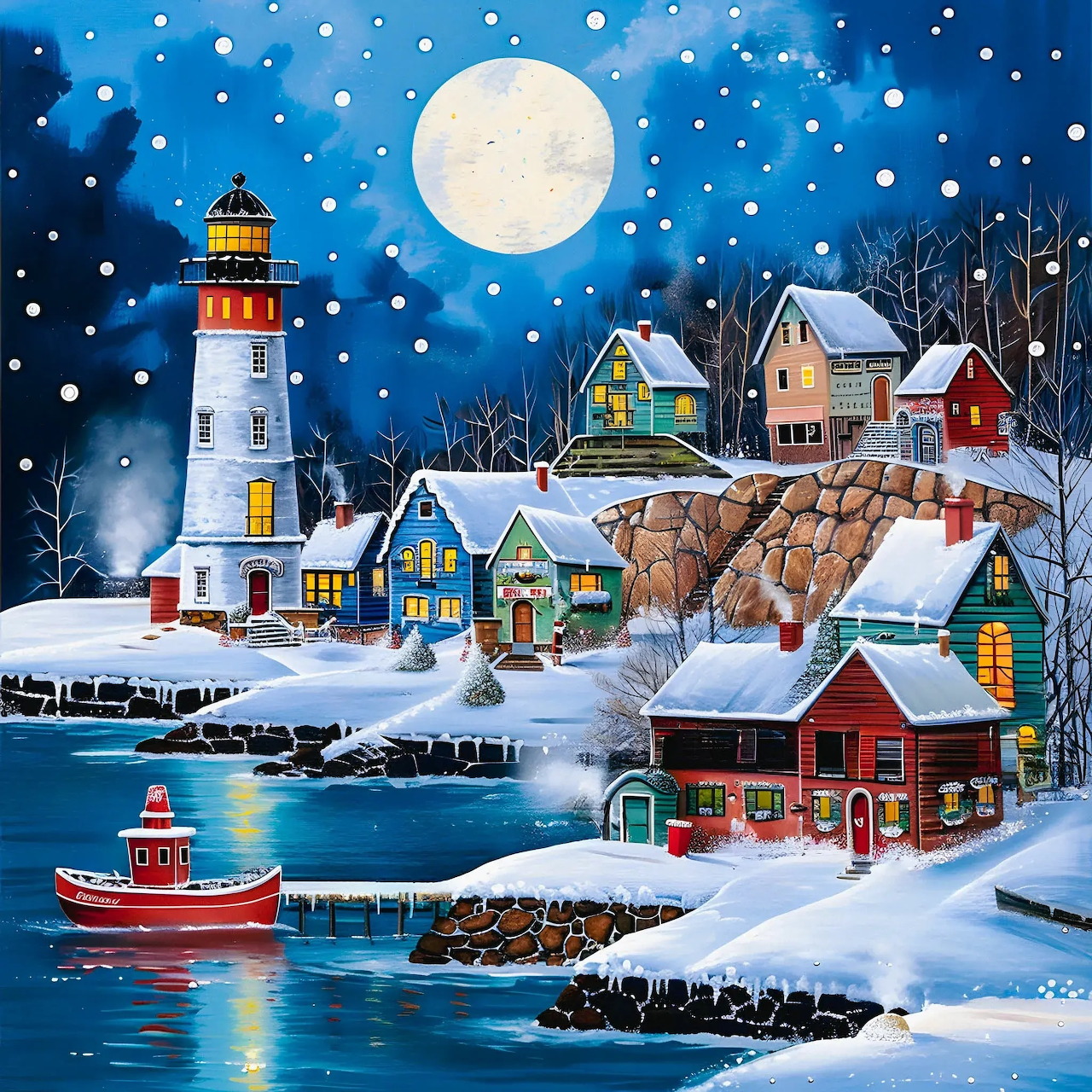 Illustrated winter coastal village with lighthouse, snow-covered houses, full moon, and boat on water at night