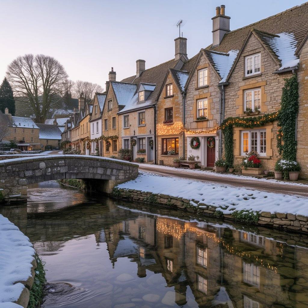 Snow-covered Cotswold stone cottages with Christmas wreaths beside a stream and bridge at twilight