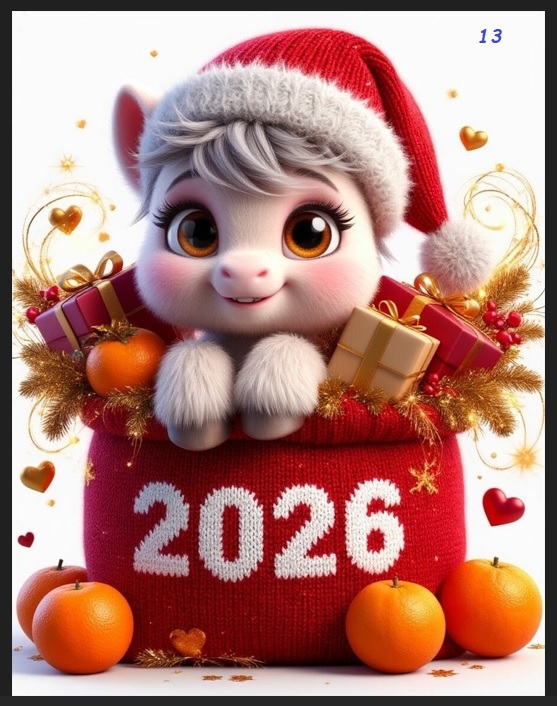 Cute 3D cartoon goat in Santa hat inside a red bag with '2026', gifts, and oranges