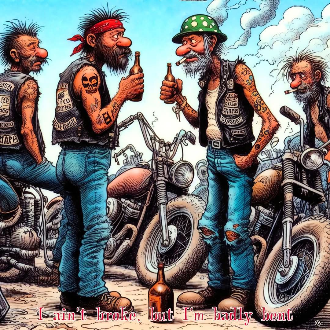 Illustrated group of bearded bikers with motorcycles against cloudy sky