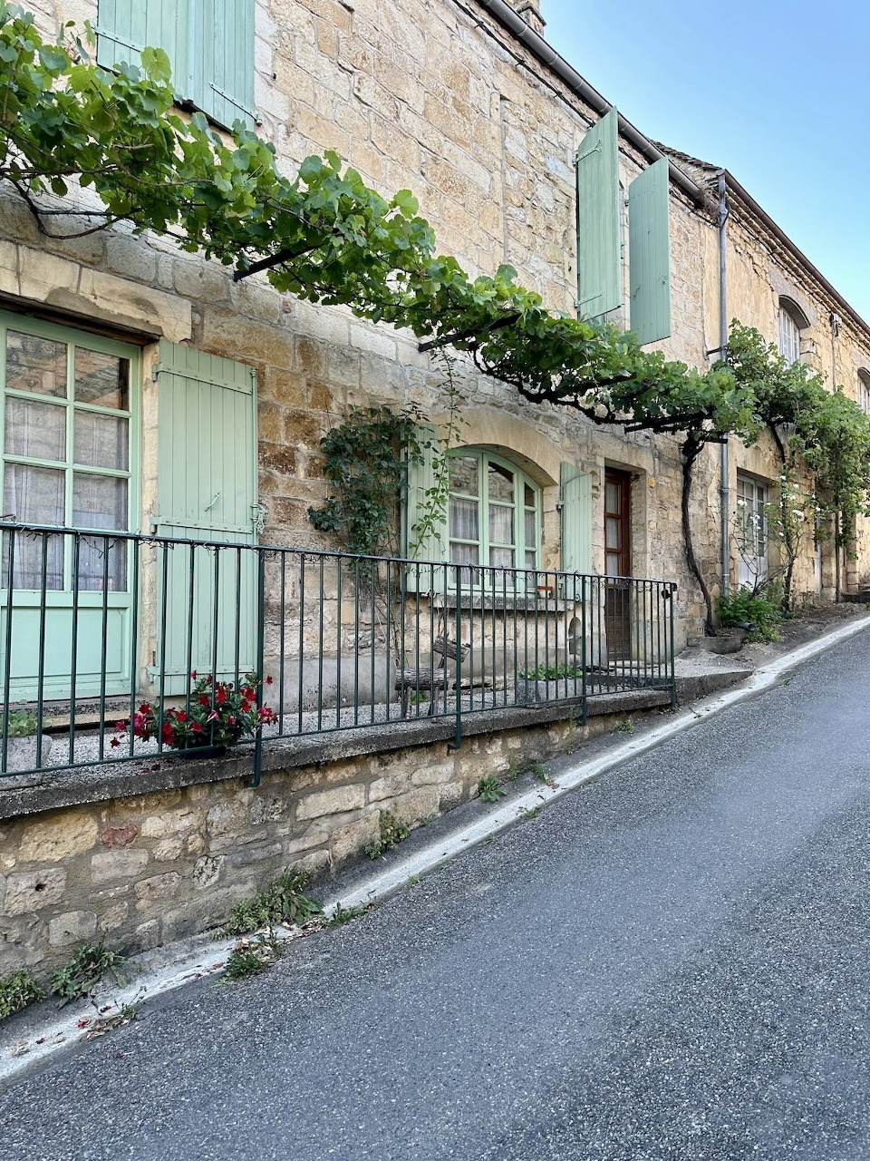 Stone house with green shutters and climbing vines on a quiet street in Dordogne, France