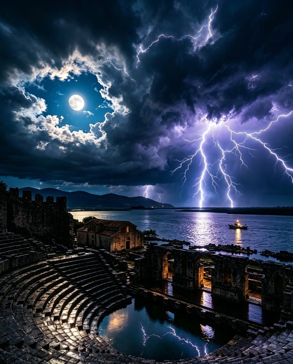 Dramatic stormy sky with dark clouds and lightning over a landscape
