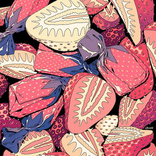 Illustration of strawberries and wrapped pink candies in a repeating pattern