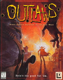 Outlaws 1997 video game box cover showing a cowboy silhouette against a fiery Old West scene