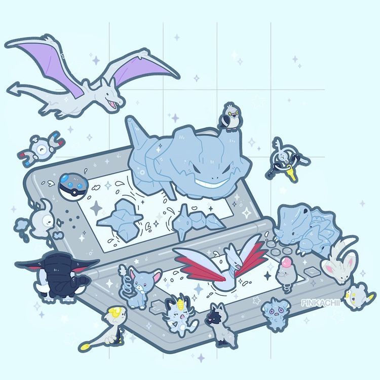 Grey Pokemon characters in and around an open terrarium-style display box with purple flying creature above