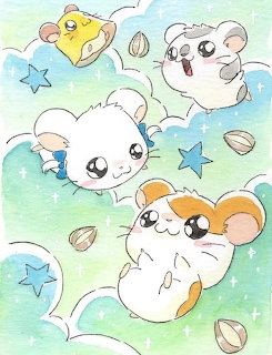 Colorful drawing of Hamtaro hamsters floating among clouds, stars, and sunflower seeds