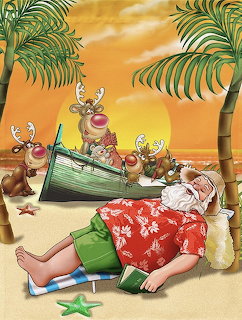 Cartoon Santa Claus sleeping on a beach with reindeer playing in a boat, palm trees, and sunset