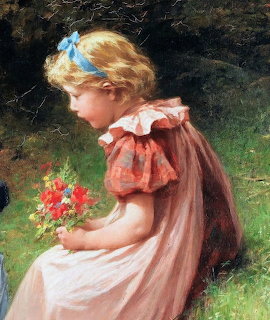 Oil painting of young girl in pink dress holding red flowers outdoors
