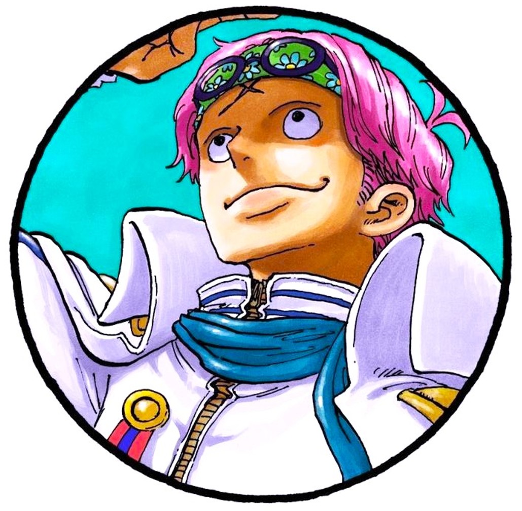 Anime character with pink hair, goggles, and white coat smiling cheerfully