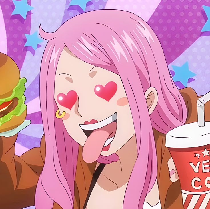 Pink-haired anime girl with heart eyes and tongue out, excited expression with food around her