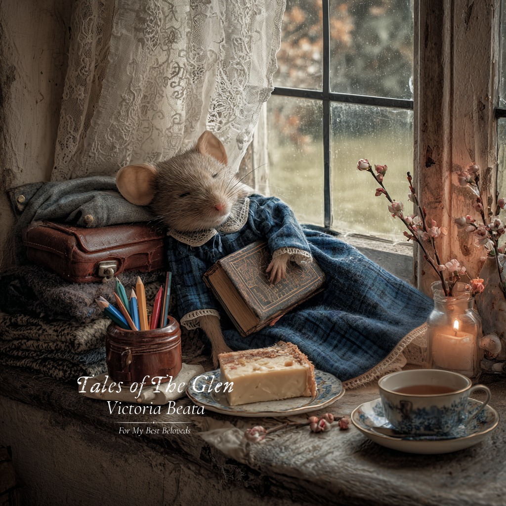 Illustration of a sleeping mouse in a blue sweater by a window with books, tea, and a candle