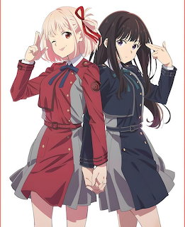 Two anime girls in red and black uniforms making peace signs