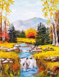 Oil painting of an autumn forest scene with a rocky waterfall, golden meadow, and blue mountains behind.