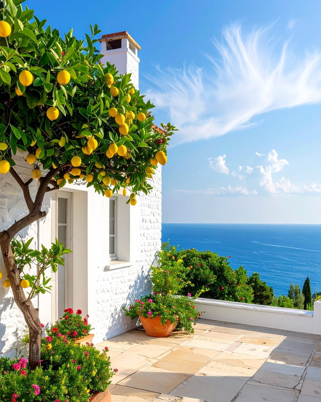 White seaside terrace with an orange tree, flowers, and blue ocean view