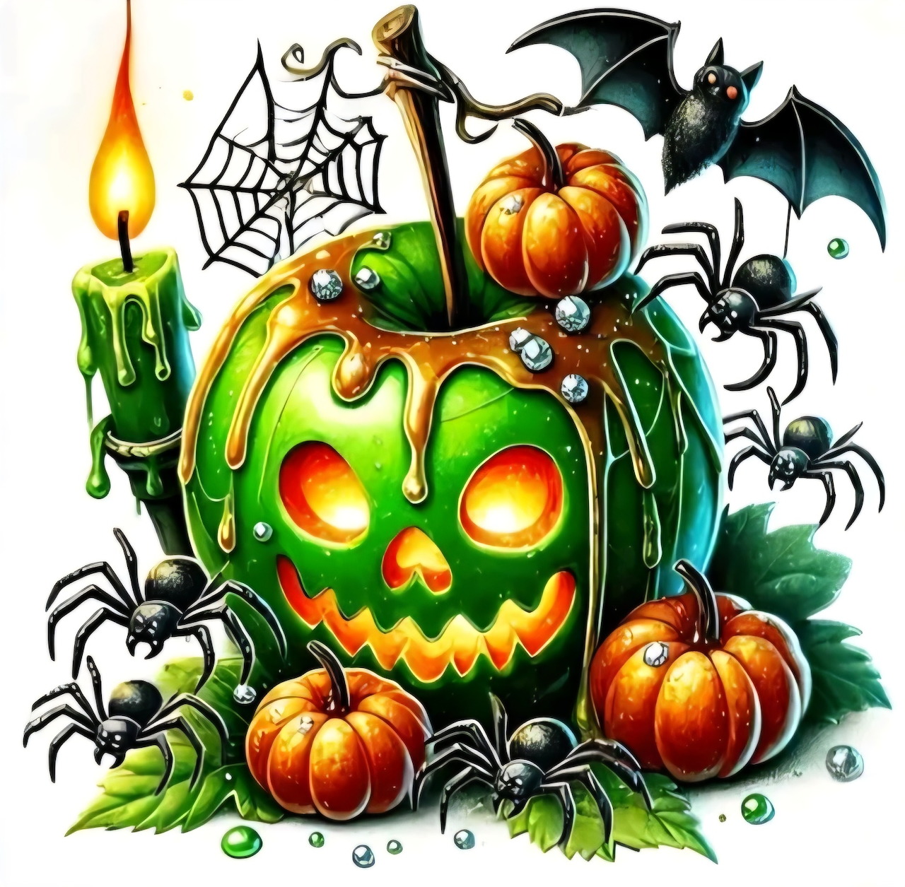 Green glowing jack-o'-lantern with Halloween decorations including bats, spiders, candles, and orange pumpkins