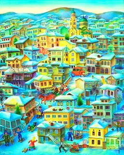 Colorful painting of a snowy hillside village with houses, church towers, horses, and people