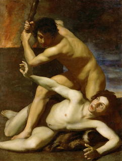Baroque oil painting of Cain attacking Abel with a club, dramatic chiaroscuro lighting on nude figures