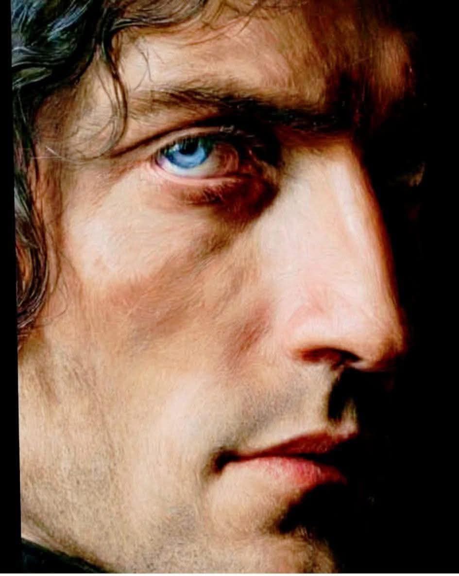 Painted portrait of a human face with expressive brushstrokes