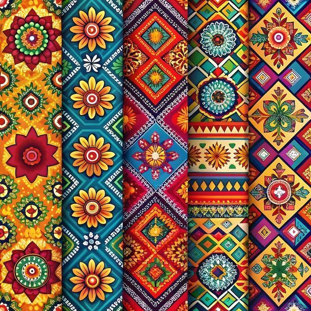 Colorful patchwork of geometric patterns with flowers, diamonds, and folk art motifs in vertical stripes