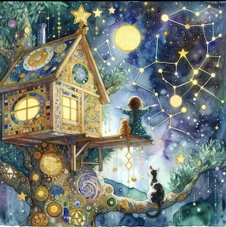 Child and cats on a decorative astronomy cottage balcony under a starry night sky with constellations and celestial orbs