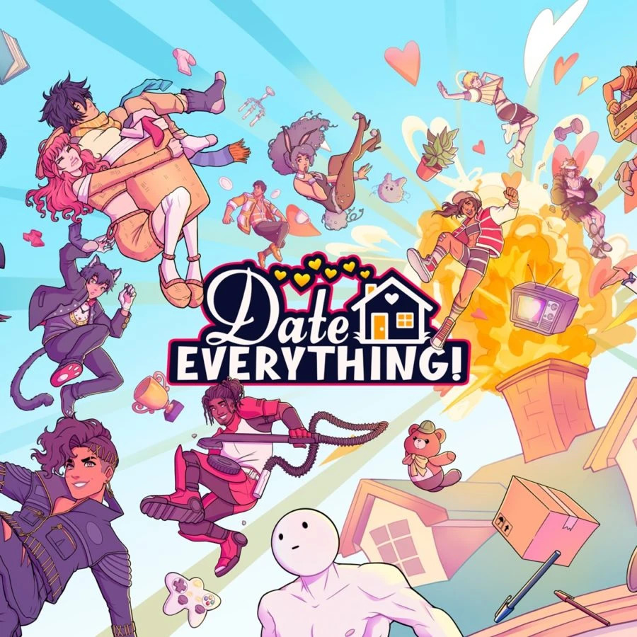 Colorful illustration of floating characters, hearts, small houses, and the Date Everything! logo