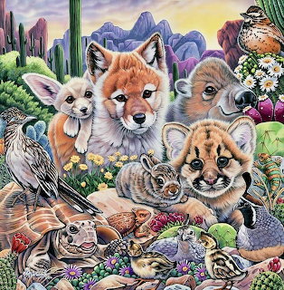 Desert animals including fox, cougars, lizards and birds gathered among cacti and flowers