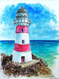 Watercolor illustration of red and white striped lighthouse on rocky coastal outcrop with blue sky and ocean