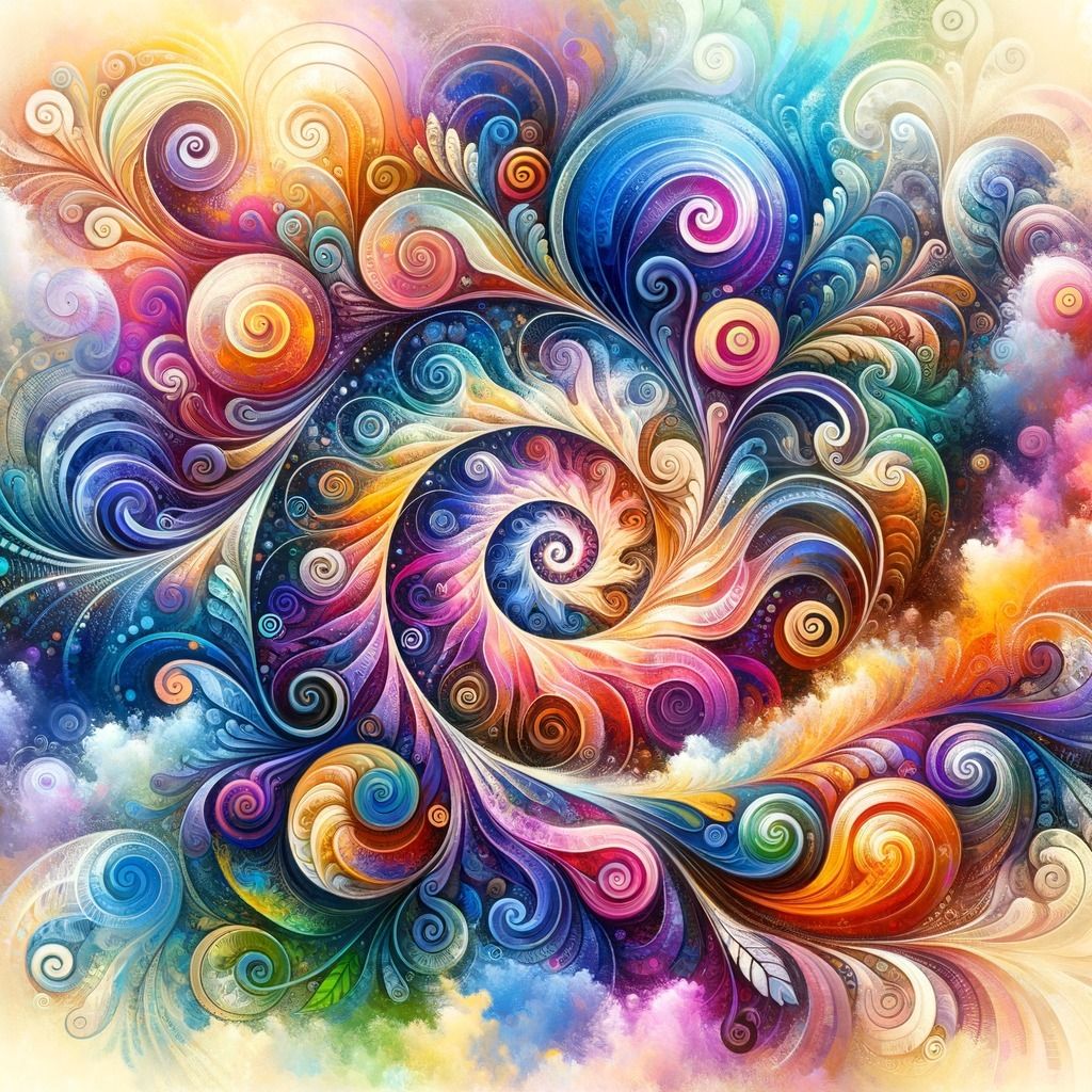 Colorful abstract spiral swirls with vibrant rainbow hues and ornate flowing patterns