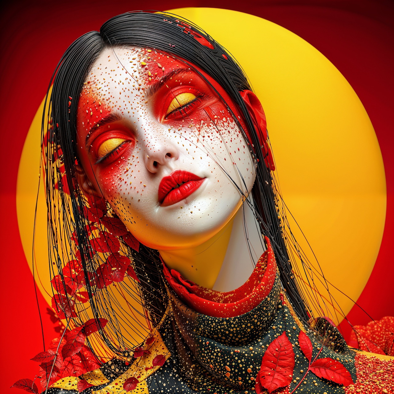 Woman with dramatic red and yellow makeup, black hair, golden circular backdrop
