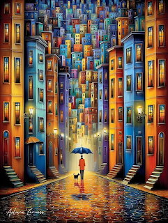 Vibrant painting of person with umbrella and dog on a rainy cobblestone city street
