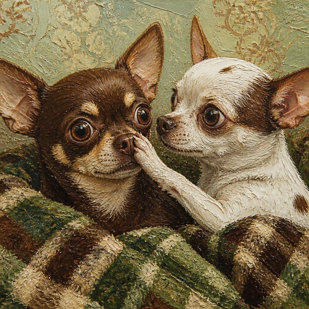 Illustration of two chihuahua puppies cuddled in a blanket, one paw touching the other's nose
