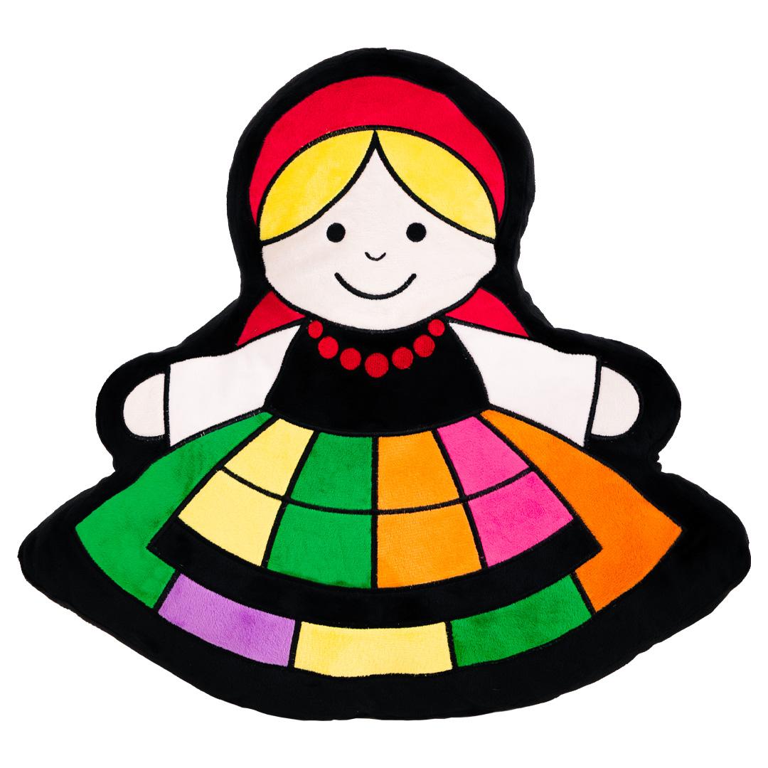 Cartoon folk doll in traditional dress with colorful striped skirt and red headscarf