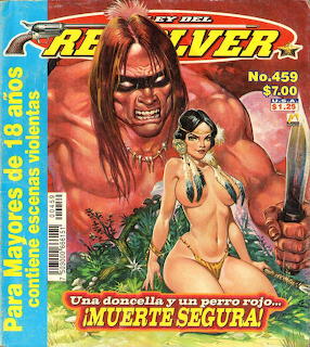 Vintage Mexican comic cover showing a barbarian warrior with sword and a woman in jungle attire