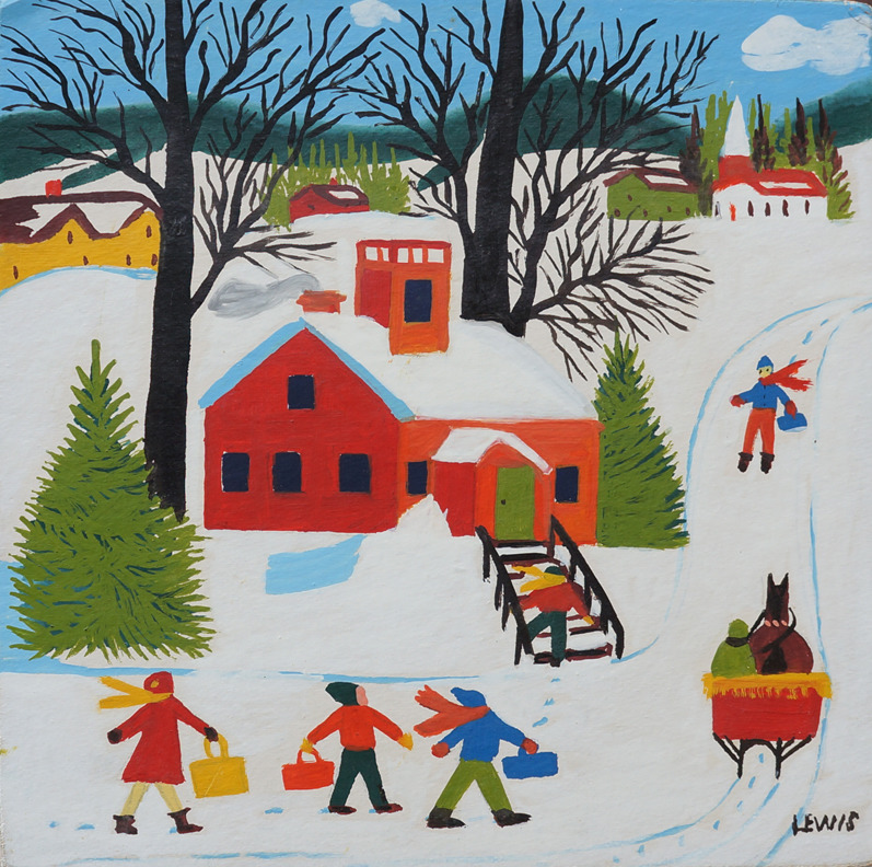 Folk art painting of a red schoolhouse in a snowy village with children playing and bare trees