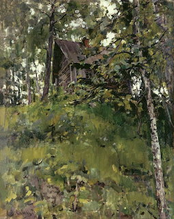 Impressionist painting of a wooden bath house surrounded by birch trees and dense green vegetation