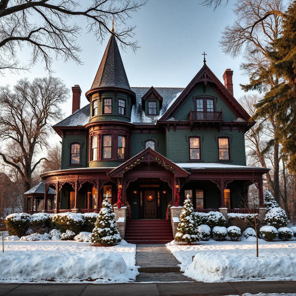 Victorian mansion with turrets and wraparound porch in snowy winter setting