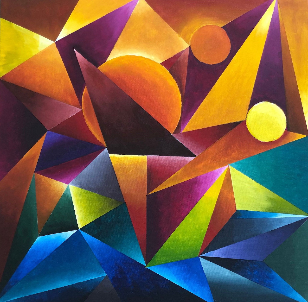 Colorful geometric abstract painting with overlapping triangles and circular shapes