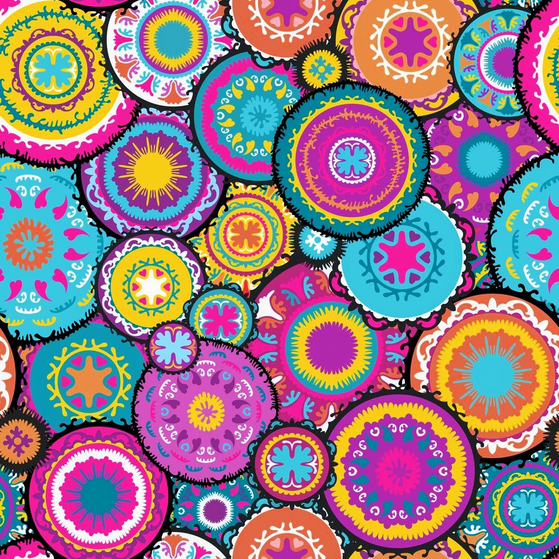 Colorful overlapping circular mandala patterns with geometric designs in bright pink, yellow, blue, and orange