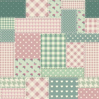 Pastel patchwork quilt pattern with stitched fabric squares in checks, dots, hearts, and florals