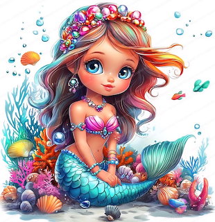 Cute cartoon mermaid with seashell top sitting among coral, shells, and bubbles underwater